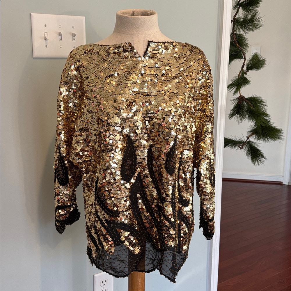 Y2k isabelle handmade Gold Sequin L Top vintage fire flame sequin shirt blouse